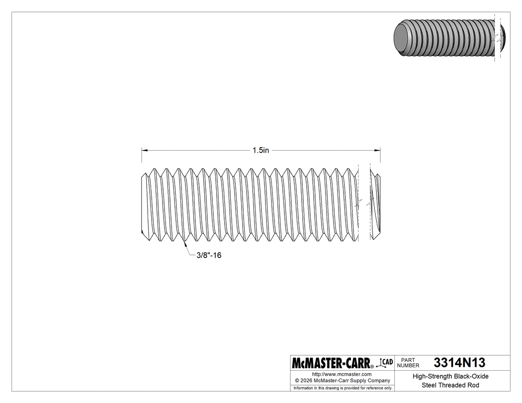 Technical Drawing of High-Strength Black-Oxide Steel Threaded Rod, 3/8"-16 Thread Size, 1-1/2" Long.